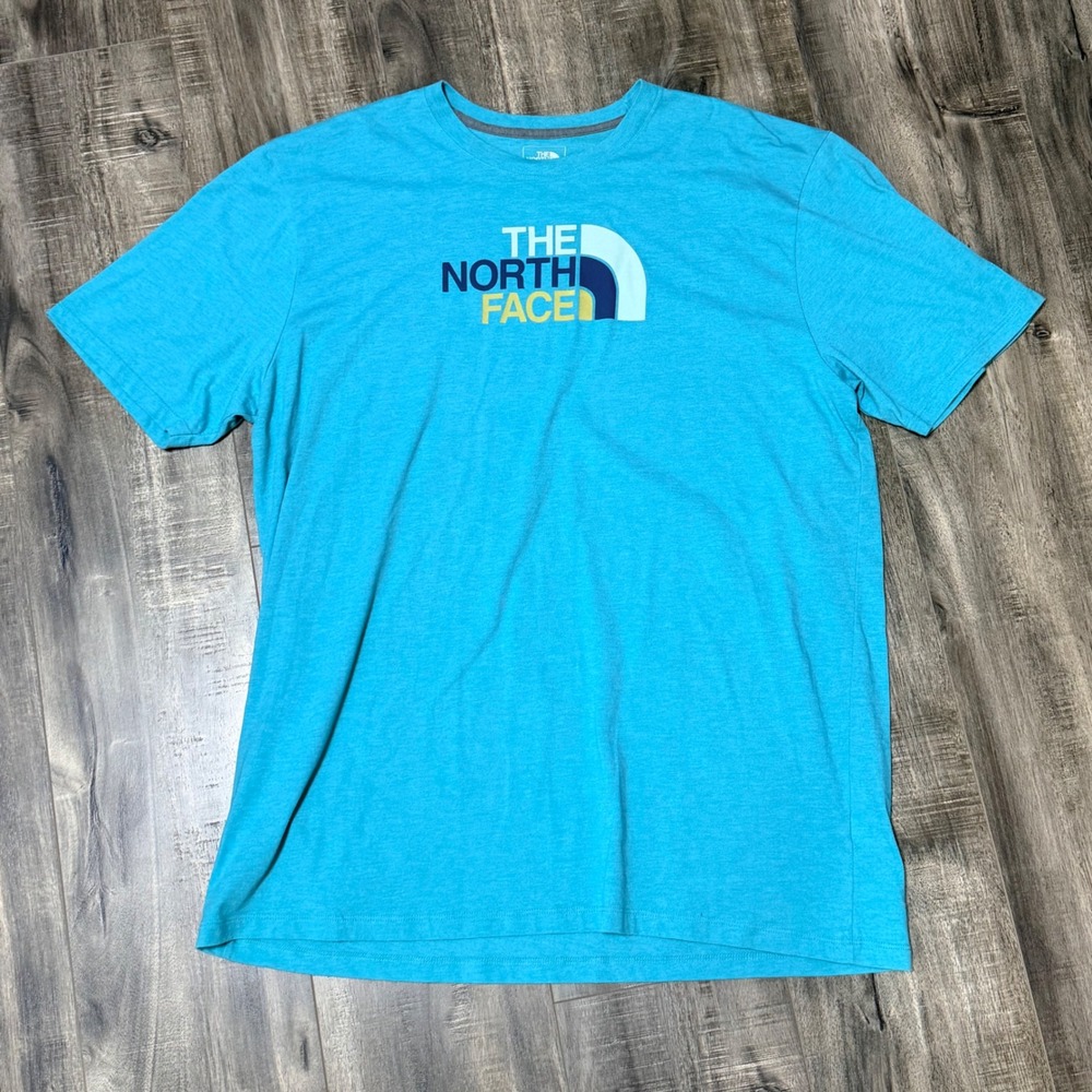 The North Face XL T-Shirt Graphic Logo Turquoise Blue Cotton Blend Tee
